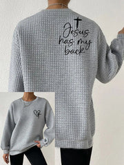 Women's Love Like Jesus Jesus Has My Back Printed Solid Color Waffle Loose Casual Sweater