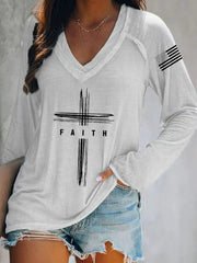 Women's Vintage Faith Flag Print V-Neck T-Shirt