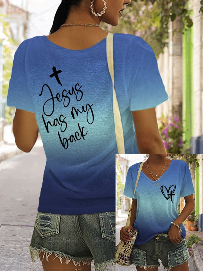 Women's Jesus Has My Back Print V Neck T-Shirt