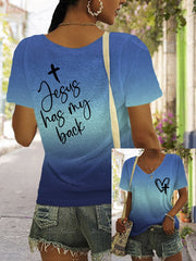 Women's Jesus Has My Back Print V Neck T-Shirt