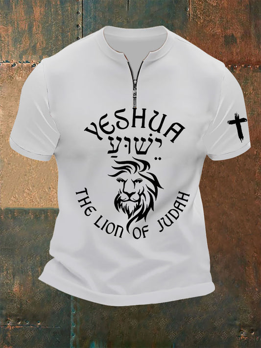 Men's Yeshua The Lion Of Judah Printed Casual Zip-Up T-Shirt