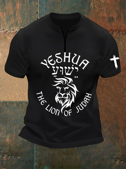 Men's Yeshua The Lion Of Judah Printed Casual Zip-Up T-Shirt