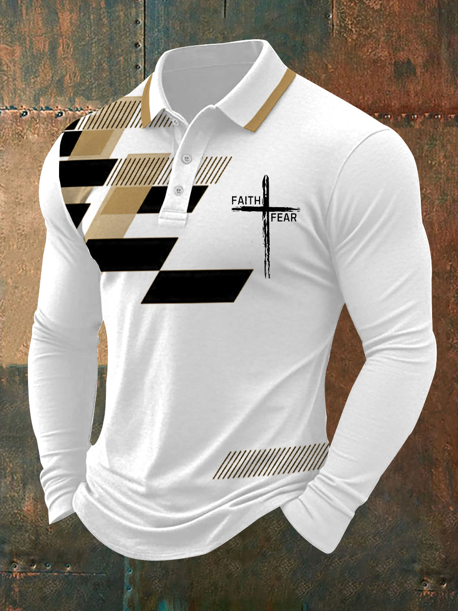 Men's Faith Over Fear Cross Faith Geometric Print Casual Long-Sleeve Polo