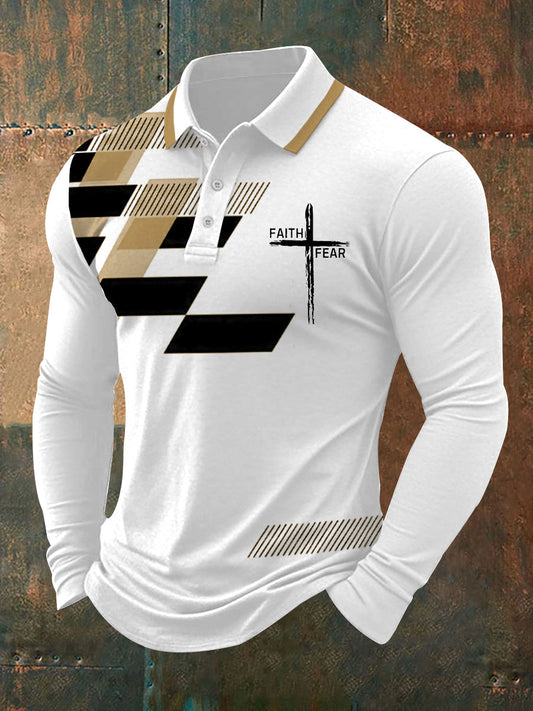 Men's Faith Over Fear Cross Faith Geometric Print Casual Long-Sleeve Polo