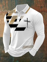 Men's Faith Over Fear Cross Faith Geometric Print Casual Long-Sleeve Polo
