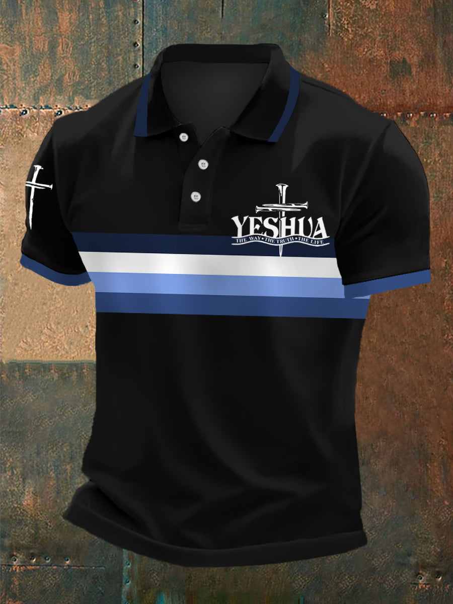 Polo casual con estampado de rayas Yeshua The Way The Truth The Life para hombre