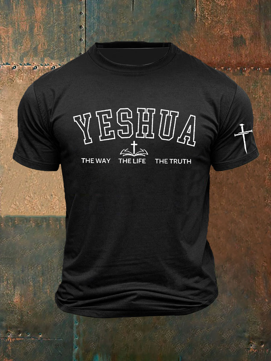 Men's Bible Verse “ Yeshua The Way The Life The Truth” Faith Cross Printed Short Sleeve T-Shirt