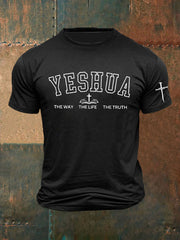 Men's Bible Verse “ Yeshua The Way The Life The Truth” Faith Cross Printed Short Sleeve T-Shirt