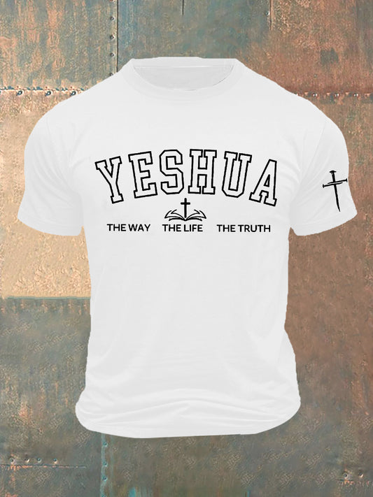Men's Bible Verse “ Yeshua The Way The Life The Truth” Faith Cross Printed Short Sleeve T-Shirt