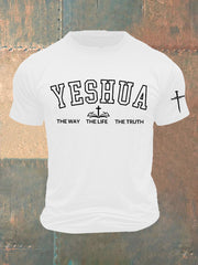 Men's Bible Verse “ Yeshua The Way The Life The Truth” Faith Cross Printed Short Sleeve T-Shirt