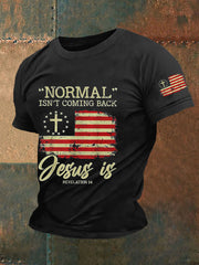 La normalidad masculina no regresa, Jesús sí. Camiseta informal con la bandera estadounidense de Apocalipsis 14.