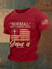 La normalidad masculina no regresa, Jesús sí. Camiseta informal con la bandera estadounidense de Apocalipsis 14.