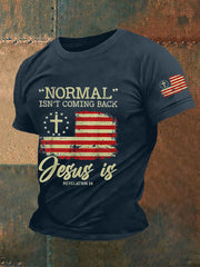 La normalidad masculina no regresa, Jesús sí. Camiseta informal con la bandera estadounidense de Apocalipsis 14.