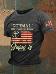 La normalidad masculina no regresa, Jesús sí. Camiseta informal con la bandera estadounidense de Apocalipsis 14.