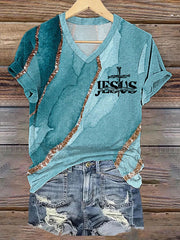 Camiseta informal con cuello en V y estampado artístico "Jesús, el camino, la verdad, la vida, la cruz, la fe" para mujer