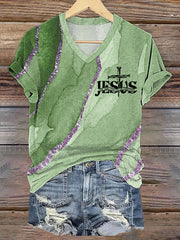 Camiseta informal con cuello en V y estampado artístico "Jesús, el camino, la verdad, la vida, la cruz, la fe" para mujer