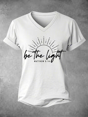 Women's Be The Light Gradient Print Christian Inspirational Casual V-Neck Tee