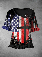 Women's Cross Faith American Flag Print T-Shirt