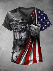 Women's Jesus American Flag Print Casual V-Neck Tee