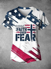 Women's Faith Over Fear American Flag Print Casual V-Neck Tee