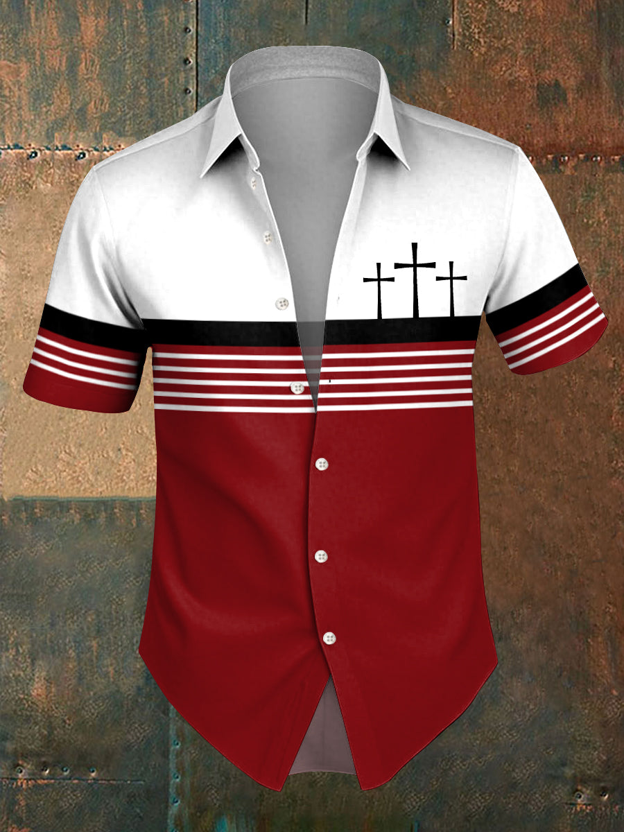 Men's Faith Cross Stripes Print Casual Shirt