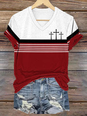 Women's Faith Cross Stripes Print Casual V-Neck Tee