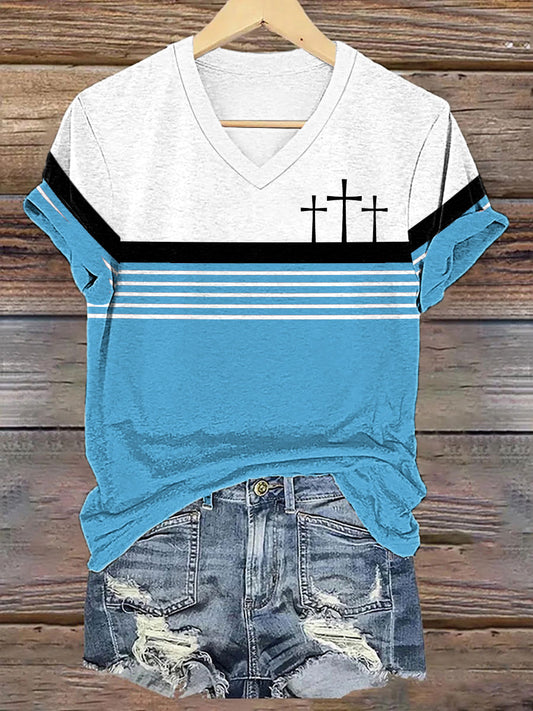 Women's Faith Cross Stripes Print Casual V-Neck Tee