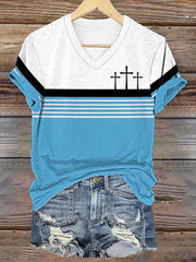 Women's Faith Cross Stripes Print Casual V-Neck Tee