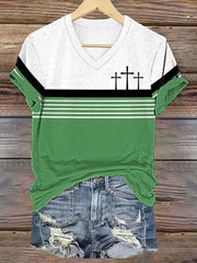 Women's Faith Cross Stripes Print Casual V-Neck Tee