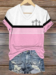 Women's Faith Cross Stripes Print Casual V-Neck Tee