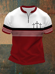 Men's Faith Cross Stripes Print Casual Zip Tee