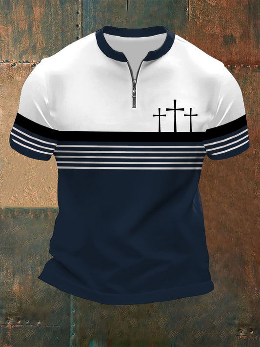 Men's Faith Cross Stripes Print Casual Zip Tee
