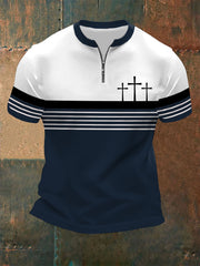 Men's Faith Cross Stripes Print Casual Zip Tee