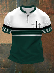 Men's Faith Cross Stripes Print Casual Zip Tee
