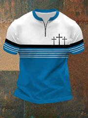 Men's Faith Cross Stripes Print Casual Zip Tee