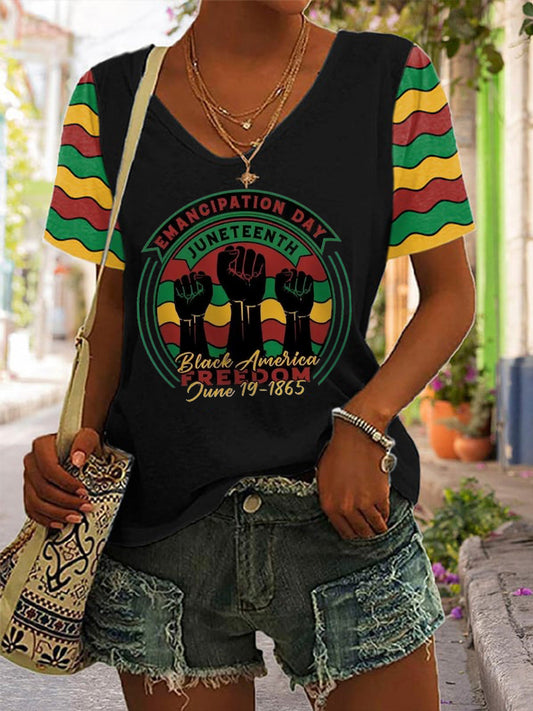 Women's Juneteenth Print Casual V-Neck Tee