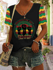 Women's Juneteenth Print Casual V-Neck Tee