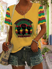 Women's Juneteenth Print Casual V-Neck Tee
