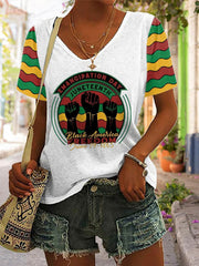 Women's Juneteenth Print Casual V-Neck Tee