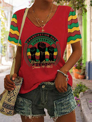 Women's Juneteenth Print Casual V-Neck Tee