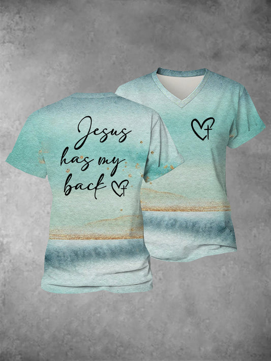Women's Faith Cross Jesus Has My Back Printed Casual Shirt