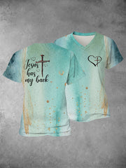 Women's Faith Cross Jesus Has My Back Printed Casual Shirt
