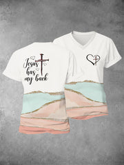 Women's Faith Cross Jesus Has My Back Printed Casual Shirt