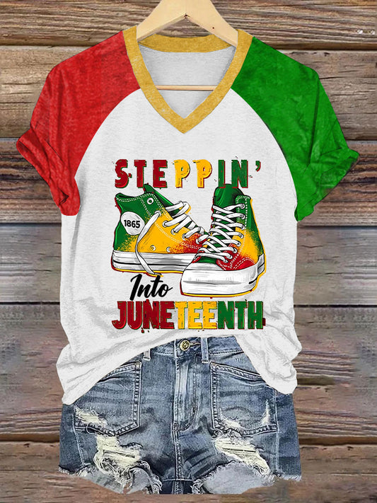 Women's Juneteenth 1865 Printed V-neck Off-shoulder Short-sleeved T-shirt