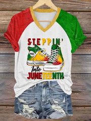 Women's Juneteenth 1865 Printed V-neck Off-shoulder Short-sleeved T-shirt