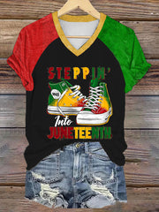 Women's Juneteenth 1865 Printed V-neck Off-shoulder Short-sleeved T-shirt