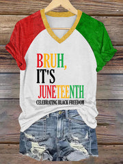 Women's Juneteenth 1865 Printed V-neck Off-shoulder Short-sleeved T-shirt
