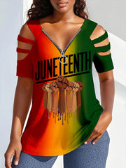 Women's Juneteenth Red Yellow Green Print Zipper Off-Shoulder Tee
