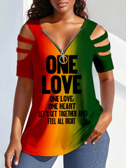 Women's One Love Red Yellow Green Print Zipper Off-Shoulder Tee