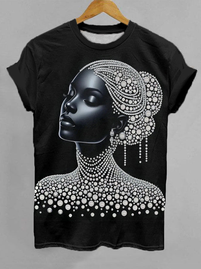 Women's Beautiful Black Pearl Girl Print Casual Tee